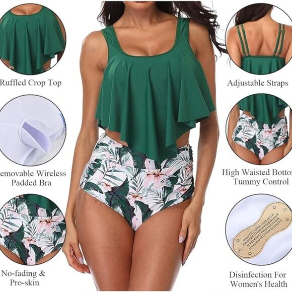 GREEN FLOUNCE TANKINI & WHITE FLORALHIGH WAIST SWIMSUIT SIZE SMALL NWT - Picture 4 of 6